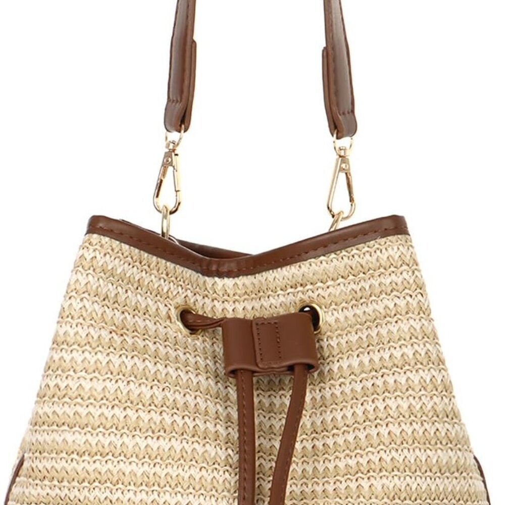 Stylish Drawstring Straw Handbag With Detachable … - image 7